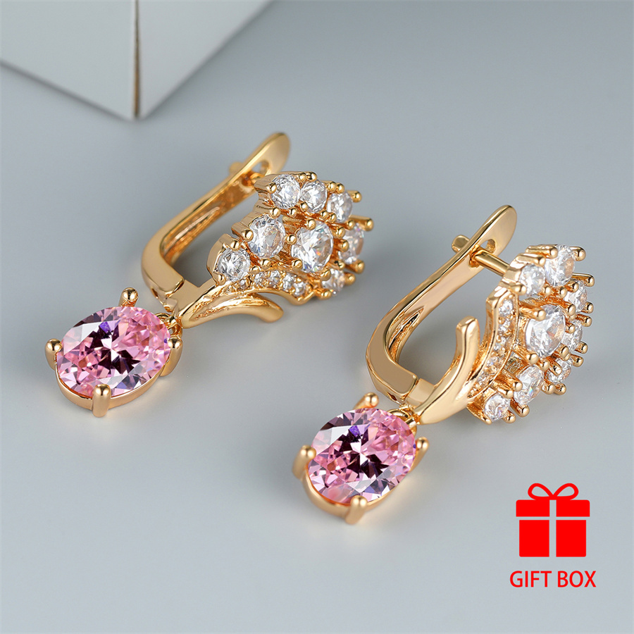 Pink Synthetic Zirconia Oval Cut Women's Earrings for Wedding Party